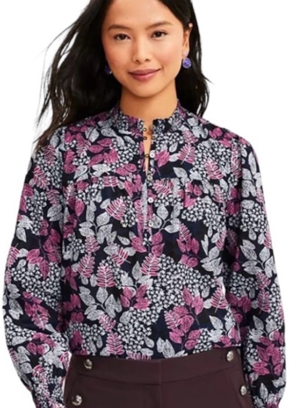 LOFT Womens Navy Blue Purple Floral Mock Neck Blouse Long Puffy Sleeves SIze M